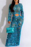 Sequins Long Sleeve O Neck See-Through Cut Out Beach Vacation Crochet Knitted Maxi Dresses