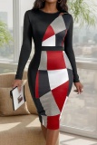 Geometric Print V Neck Long Sleeve Cinch Waist Formal Party Evening Office Lady Bodycon Midi Dresses
