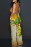 Casual Graphics Print Sleeveless Backless Lace Up Vacation Halter Wide Leg Jumpsuits