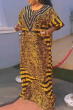 African Graphics Print Hot Drill V Neck Half Sleeve Loose Vacation Long Plus Size Maxi Robe Dress