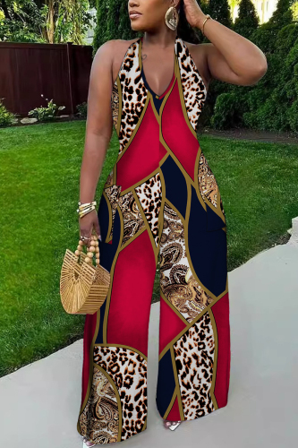 Casual Graphics Print Sleeveless Backless Lace Up Vacation Halter Wide Leg Jumpsuits