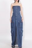 Casual Strapless Sleeveless High Waist Pocket Buckle Front Slit Denim Maxi Tube Dresses
