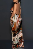 Casual Graphics Print Sleeveless Backless Lace Up Vacation Halter Wide Leg Jumpsuits