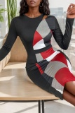 Geometric Print V Neck Long Sleeve Cinch Waist Formal Party Evening Office Lady Bodycon Midi Dresses