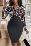 Graphics Print V Neck Long Sleeve Cinch Waist Formal Party Evening Office Lady Bodycon Midi Dresses