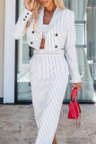Striped Print Turn-back Collar Long Sleeve Buttons Blazer Jackets And Slit Maxi Skirt Two Pieces Dress Sets