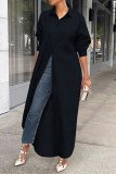 Formal Turndown Collar Long Sleeve Loose Fit Office Lady Vacation Shirt Maxi Satin Dress
