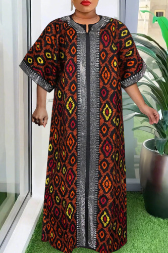 African Graphics Print Hot Drill V Neck Half Sleeve Loose Vacation Long Plus Size Maxi Robe Dress