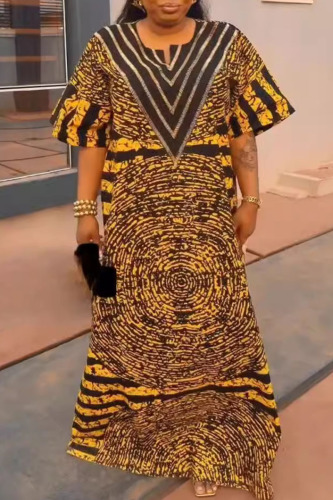 African Graphics Print Hot Drill V Neck Half Sleeve Loose Vacation Long Plus Size Maxi Robe Dress