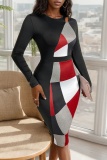 Geometric Print V Neck Long Sleeve Cinch Waist Formal Party Evening Office Lady Bodycon Midi Dresses