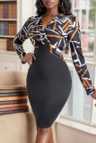 Graphics Print V Neck Long Sleeve Cinch Waist Formal Party Evening Office Lady Bodycon Midi Dresses