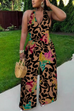 Casual Graphics Print Sleeveless Backless Lace Up Vacation Halter Wide Leg Jumpsuits