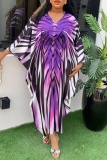 African Print Rhinestone Decor V Neck Batwing Sleeve Loose Vacation Long Plus Size Maxi Robe Dress