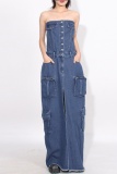 Casual Strapless Sleeveless High Waist Pocket Buckle Front Slit Denim Maxi Tube Dresses