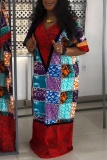 African Graphics Print V Neck Half Sleeve Loose Vacation Long Plus Size Maxi Robe Dress