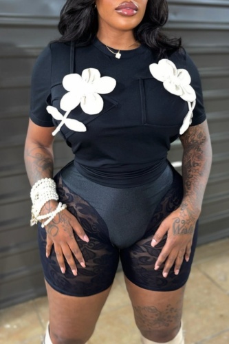 Casual Flowers Decor O Neck Short Sleeve Slim Fitted T-Shirts