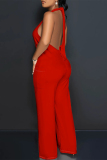 Casual Backless Sleeveless Lace Up Loose Vacation Halter Wide Leg Jumpsuits