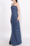 Casual Strapless Sleeveless High Waist Pocket Buckle Front Slit Denim Maxi Tube Dresses