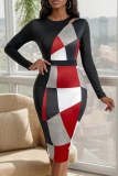 Geometric Print V Neck Long Sleeve Cinch Waist Formal Party Evening Office Lady Bodycon Midi Dresses