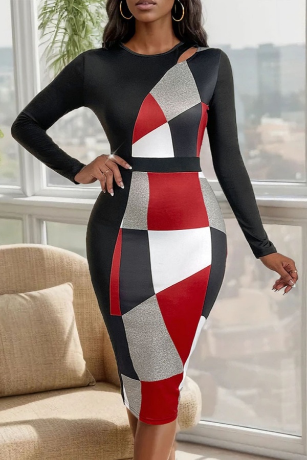 Geometric Print V Neck Long Sleeve Cinch Waist Formal Party Evening Office Lady Bodycon Midi Dresses
