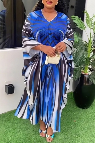 African Print Rhinestone Decor V Neck Batwing Sleeve Loose Vacation Long Plus Size Maxi Robe Dress