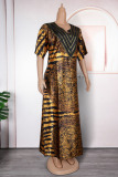 African Graphics Print Hot Drill V Neck Half Sleeve Loose Vacation Long Plus Size Maxi Robe Dress
