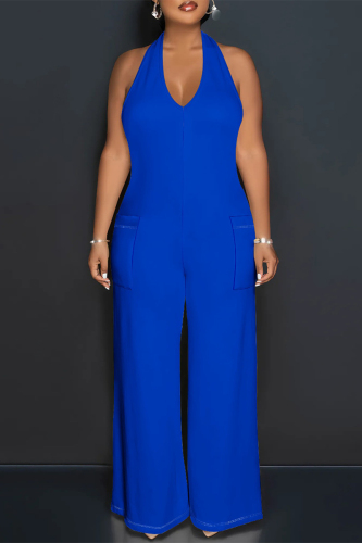 Casual Backless Sleeveless Lace Up Loose Vacation Halter Wide Leg Jumpsuits