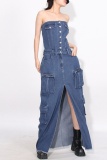 Casual Strapless Sleeveless High Waist Pocket Buckle Front Slit Denim Maxi Tube Dresses