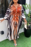 African Print Rhinestone Decor V Neck Batwing Sleeve Loose Vacation Long Plus Size Maxi Robe Dress