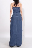 Casual Strapless Sleeveless High Waist Pocket Buckle Front Slit Denim Maxi Tube Dresses