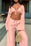 Casual Cardigan Collar Long Sleeve Lace Up Crop Tops And Wide Leg Pants Two Pieces Trouser Sets
