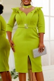 Beading Decor Half A Turtleneck 3/4 Sleeve Ruffle Slit Cinch Waist One Step Skirt Mesh Formal Party Evening Wedding Guest Bodycon Midi Dresses