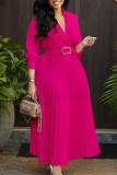 Formal 3/4 Sleeve V Neck Cinch Waist With Belt Vacation Office Lady Pleated Midi Dresses