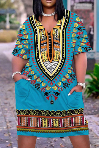 Casual Graphics Print Basic V Neck Short Sleeve Loose Pockets Midi T-Shirt Dress