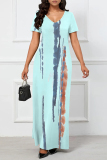 Casual Striped Print O Neck Short Sleeve Floor Length Long Baggy Vacation Maxi T Shirt Dress