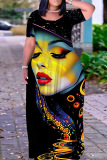 Figure Print O Neck Short Sleeve Pocket Loose Floor Length Plus Size Maxi T-Shirt Dresses