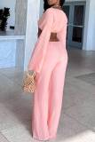 Casual Cardigan Collar Long Sleeve Lace Up Crop Tops And Wide Leg Pants Two Pieces Trouser Sets