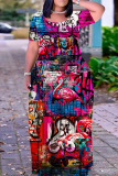 Graphics Print O Neck Short Sleeve Pocket Loose Floor Length Plus Size Maxi T-Shirt Dresses