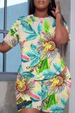 Casual Graphics Print O Neck Short Sleeve T Shirt And Shorts Set Sportwear Plus Size Two Piece Matching Set