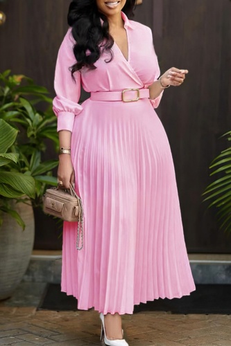 Formal 3/4 Sleeve V Neck Cinch Waist With Belt Vacation Office Lady Pleated Midi Dresses
