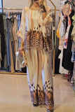 Casual Leopard Print 3/4 Sleeve O Neck Loose Blouse And Wide Leg Pants Vacation Two Pieces Trouser Sets