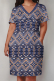 Casual Graphics Print Basic V Neck Short Sleeve Loose Pockets Midi T-Shirt Dress