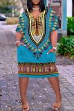 Casual Graphics Print Basic V Neck Short Sleeve Loose Pockets Midi T-Shirt Dress