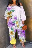 Casual Floral Print Off Shoulder Long Sleeve Regular Vacation Harem Leg Jumpsuits