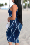 Casual Faux Denim Print U Neck Sleeveless Vacation Bodycon Midi Tank Dress