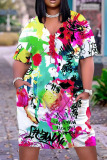 Casual Graphics Print Basic V Neck Short Sleeve Loose Pockets Midi T-Shirt Dress