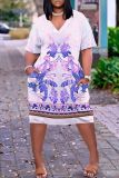 Casual Graphics Print Basic V Neck Short Sleeve Loose Pockets Midi T-Shirt Dress