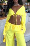 Casual Cardigan Collar Long Sleeve Lace Up Crop Tops And Wide Leg Pants Two Pieces Trouser Sets