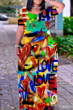 Graphics Print O Neck Short Sleeve Pocket Loose Floor Length Plus Size Maxi T-Shirt Dresses