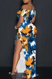 Graphcis Print Off Shoulder Flutter Sleeve Backless High Slit Long Formal Party Evening Bodycon Maxi Dress